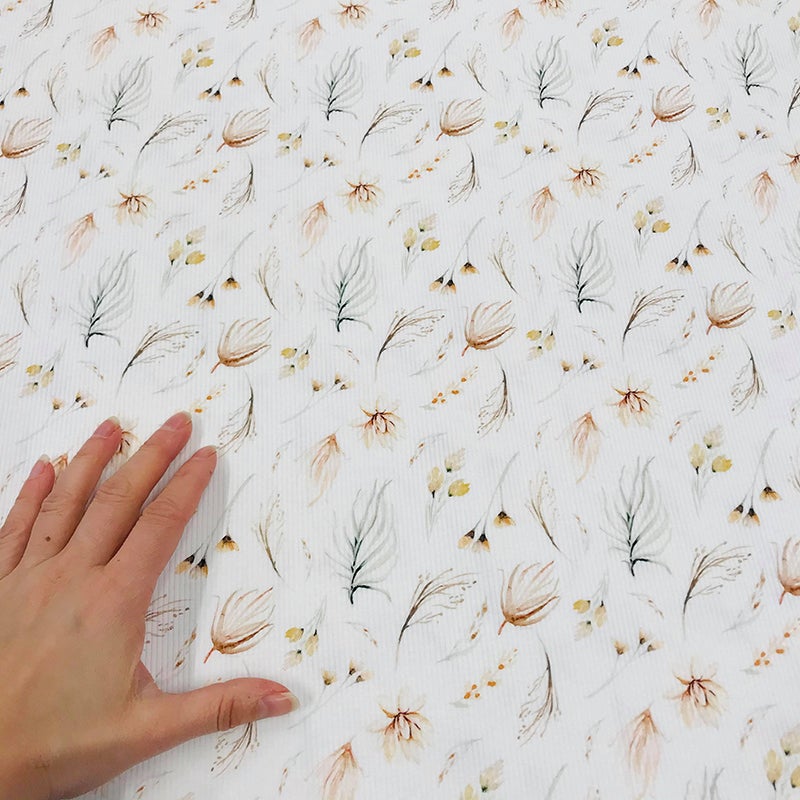 Puuvilla-lycra Ribbitrikoo: Boho bohemian floral, valkoinen, hento vaaleanpunainen
